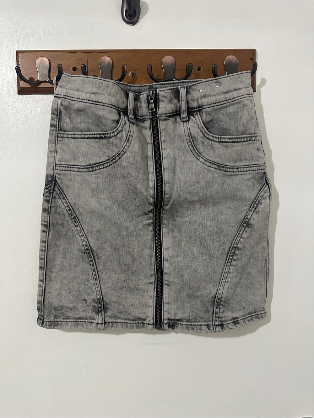 Express Gray Washed Zip-Front High waist Denim Mini Skirt